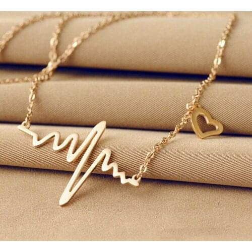 Simple Wave Heart Necklace Chic ECG Heartbeat Gold Color Pendant Charm Lightning Necklace For Women Vintage Jewelry Accessories