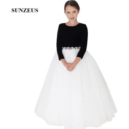 Black Long Sleeves Flower Girl Dress Ivory Puffy Tulle Long Children Party Gowns Beaded Waistline Two Color Dress For Wedding