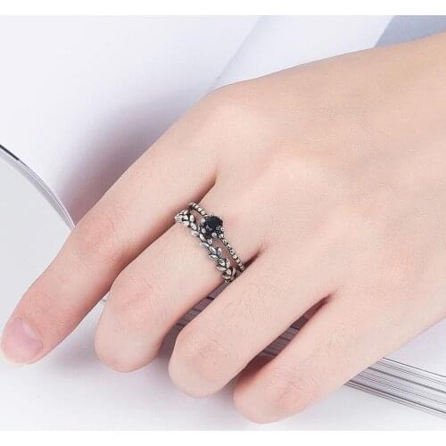 Luxury Black Cubic Zirconia Stackable Chunky Leaf 925 Sterling Silver Rings For Women Gothic Punk Big Jewelry