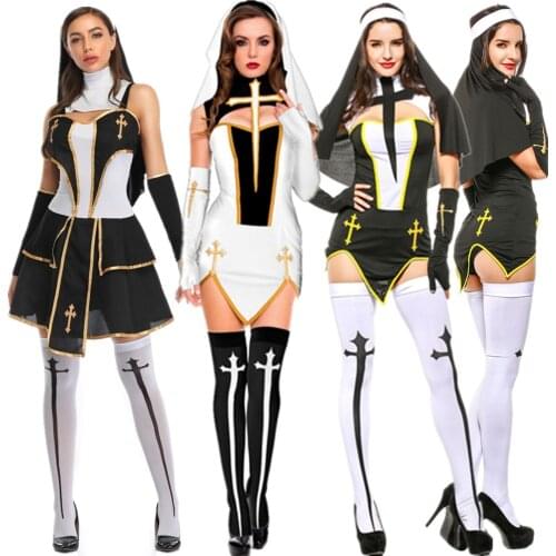 S-3XL Sexy Nun Costume Full Outfit Halloween Adult Women Catholic Sister Nun Cosplay Party Fancy Dress