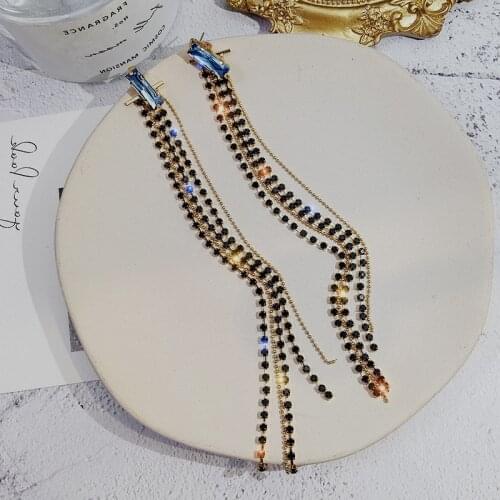 LOVOACC Exaggerated Black Tassel Earrings for Women Gold Color Chain Shiny Crystal Hanging Dangle Earrings Party Pendientes