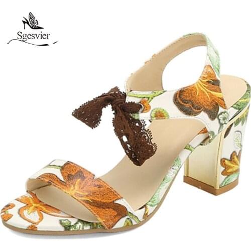 Sgesvier 2020 newest big size 44 square high heels women sandals lace up print summer casual shoes comfortable women sandals