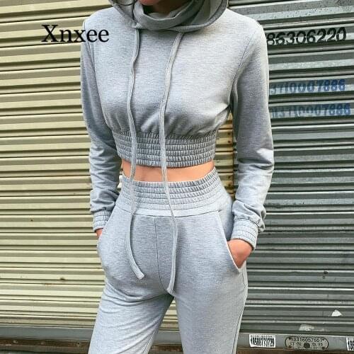 Sport Wear Autumn Gray Tracksuit Long Sleeve Drawstring Hoodie Top+Long Pants Two Piece Sets Women Clothes Matching Sets Hot