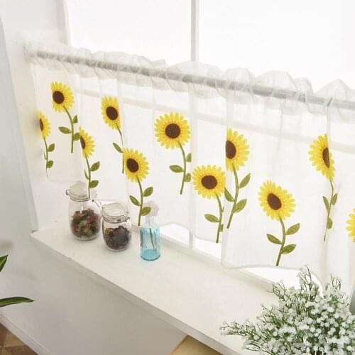 Curtain Sunflower Embroidered Decorative Polyester Short Sheer Curtain for Home