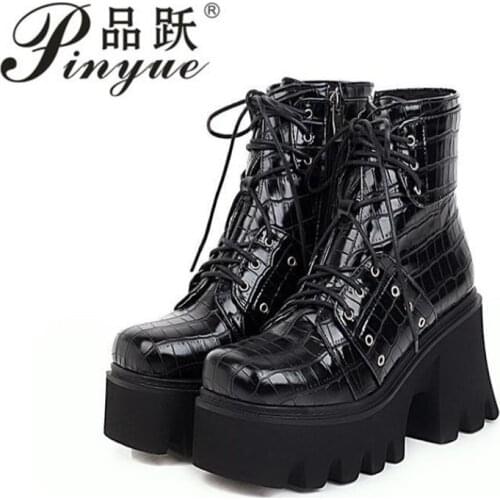 Women Heel Autumn winter Lace-up Soft Leather Platform Shoes Woman Party Ankle Boots High Heels Punk plus size 35--44