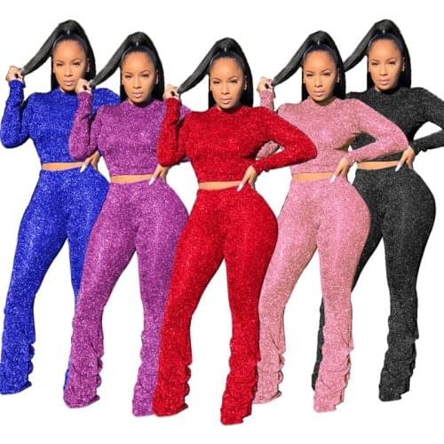 Stacked Leggings Suit Sparkling Silver Wire Two Piece Set Women Soft Tracksuit Crop Top Stacked Flare Pants 2020 Christmas Suits