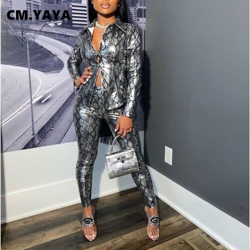 CM.YAYA Active Serpentine Print Sweatsuit Two 2Piece Set for Women Winter Fitness Outfit Blouses + Legging Pants Set Tracksuit