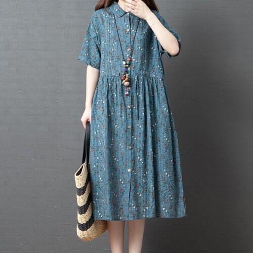 Korea Style Fashion Print Floral Prairie Chic Pleated Blouse Dress 2021 New Summer Dress Cotton Linen Travel Casual Women Dress