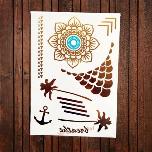 1PC Hot Flash Metallic Gold Temporary Tattoo Women Body Art Henna Sunflower Totem AYH-042 Anchor Summer Style Harajuku Tattoos