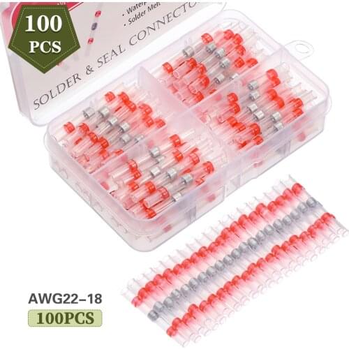100pcs 22-18 AWG Solder Seal Butt Connectors Red Waterproof Heat Shrink Wire Connectors Terminals Automotive Electrical