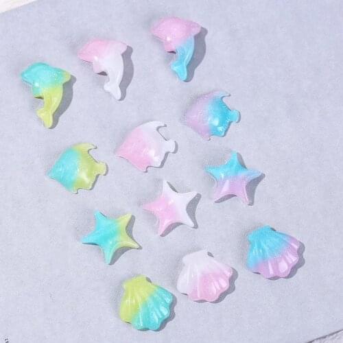 12pcs Ocean series Charms Glitter Dolphin Shell Starfish Flatback Resin Cabochons for Jewelry DIY Gradient color