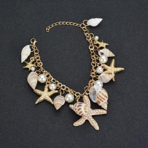 Bohemian Metal Chain Shell Conch Starfish Pearl Sea Beach Style Bracelet Wrist Jewelry Bracelets for Women Girls Men Kids Gift