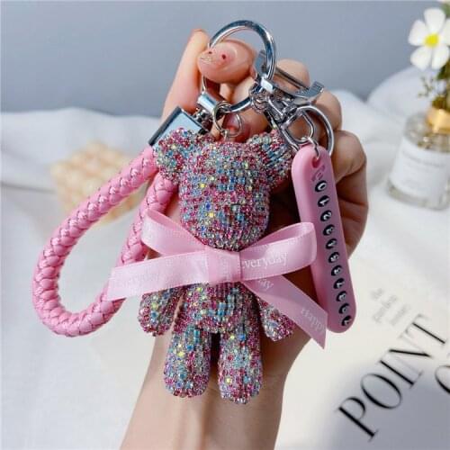 Diamond-studded bear car keychain anti-lost mobile phone number plate car keychain backpack pendant car key ring chain pendant