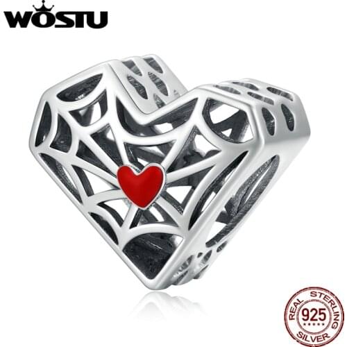 WOSTU 925 Sterling Silver Halloween Spider Web Cobweb Heart Charm Charm Beads Fit Original Bracelet DIY Jewelry CQC1958