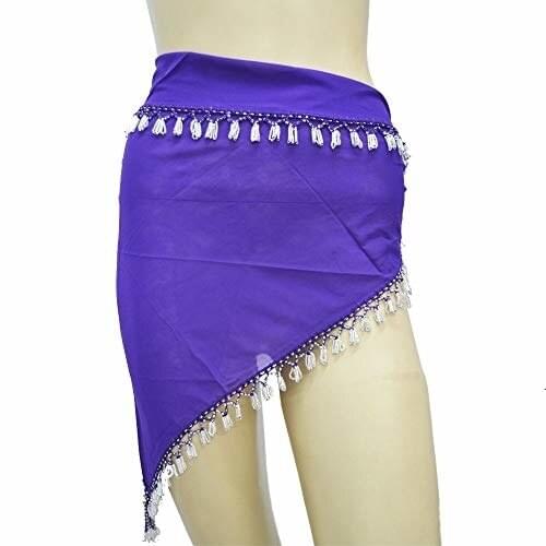 Danza del Vientre, Chal o Cubre Cabeza, pañuelo Morado de Gasa Crep con Abalorios Plateados, Mide 145 cm x 85 cm x 85 cm