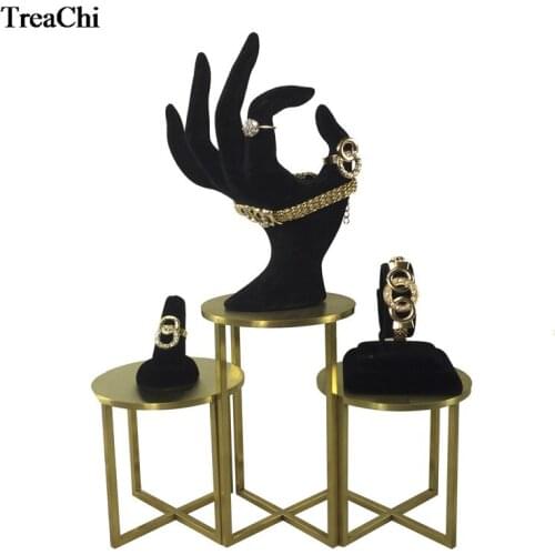 Quality Round Gold Stainless Steel Counter Showcase Black Velvet Ring Bangle Bracelet Watch Jewelry Organizer Display Stand Kit