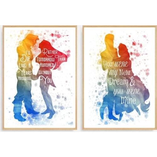 Canvas Painting Disney Princess And Prince CharmingS Love English Proverbs Watercolor Living Room Bedroom Decoration Painting