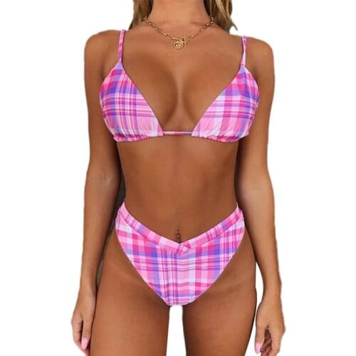 Swimwear Women 2 Piece Sexy Bikini Set Swimsuit Monokini Biquinis 2020 Summer Holiday Bathing Suit Pink Plaid Swimming Suit