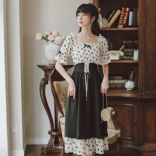 Summer Sweet Retro Dress Puff Sleeve Square Neck Elegant Cute Bow Lace Stitching French Lovely Vestido de mujer