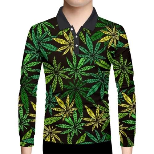 OGKB Maple Leaf Long Sleeve Polo Shirts Men Green Leaf 3D Print Streetwear Weed Plant Polo T Shirt Plus Size Harajuku Clothing