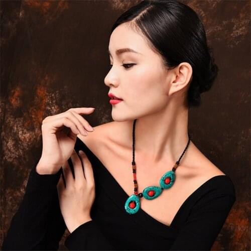 Ethnic Style Necklace Turquoises Clavicle Chain Hand Knotted Retro Style Fashion Wonens Short Necklace Female Pendant Jewelry
