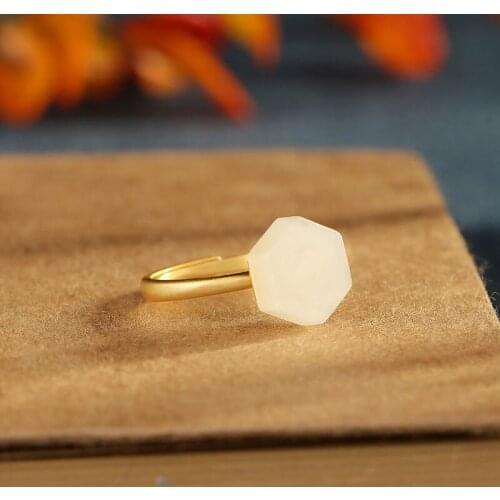 S925 Sterling Silver Ring Inlaid Natural Hetian Jade White Jade Six-Pointed Star Simple and Light Luxury Womens Open Ring Jewel