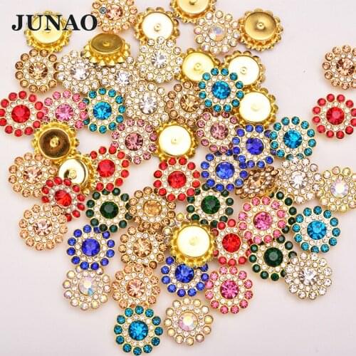 JUNAO 14mm Sewing Gold Claw Rhinestone Round Crystal Beads Appliques Flower Sew on Strass Diamond For Needlework Clothes
