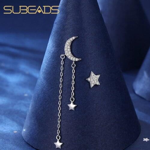 Subeads Real 925 Sterling Silver Asymmetry Moon Star Stud Earrings For Women Girls Simple Crystal Tassel Earrings Jewelry Gifts
