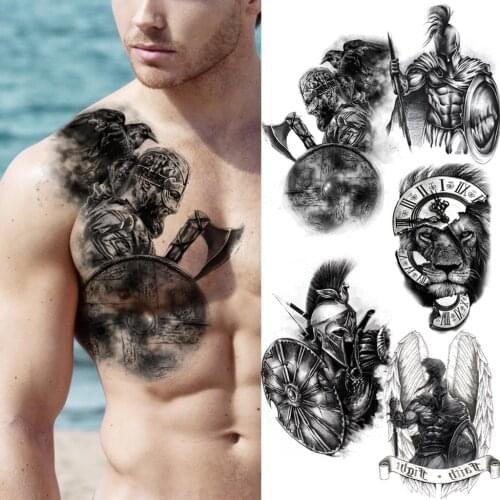 3D Black Big Knight Owl Temporary Tattoos For Men Adult Tribal Lion Compass Fake Tattoos Realistic Water Transfer Tatoos Sticker