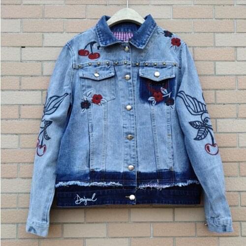 Embroider denim jacket spring sequined beading water wash cowboy jacket female long sleeve hit color denim jacket F1272