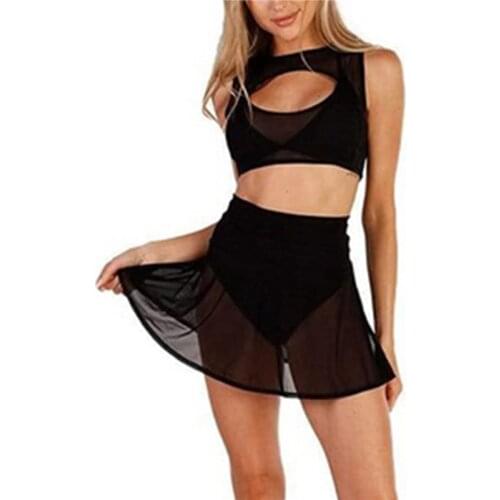Xingqing Women Girls Swim Cover Ups Swimsuit Cover-up Sexy Ladies High Waist Skirts Short Mesh Sheer See-Through Bikini Coverups