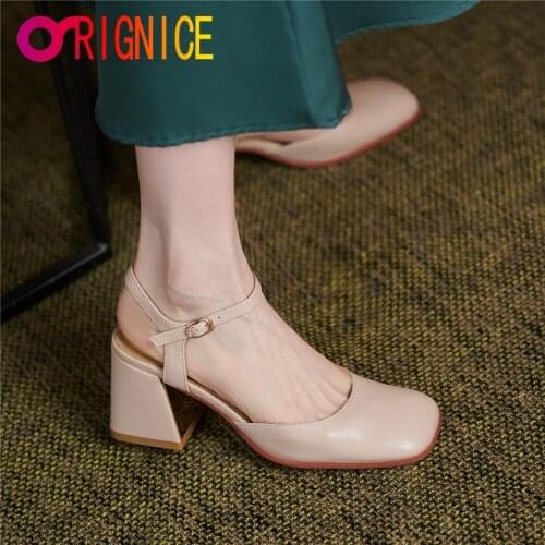 Orignice Classic Style Slingback Sandals Women Fashion Square Toe Thick High Heels Summer Buckle Strap Party Office Ladies Shoes