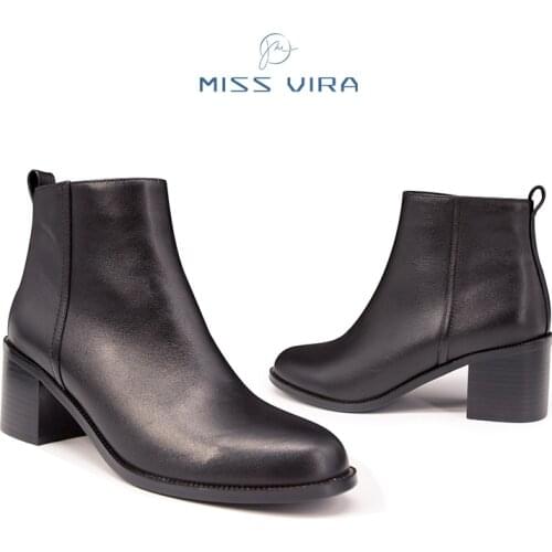 MISS VIRA Boots Women Genuine Cow Leather Black Ankle Boots High Heels Autumn Winter Fashion Shoes Women Booties