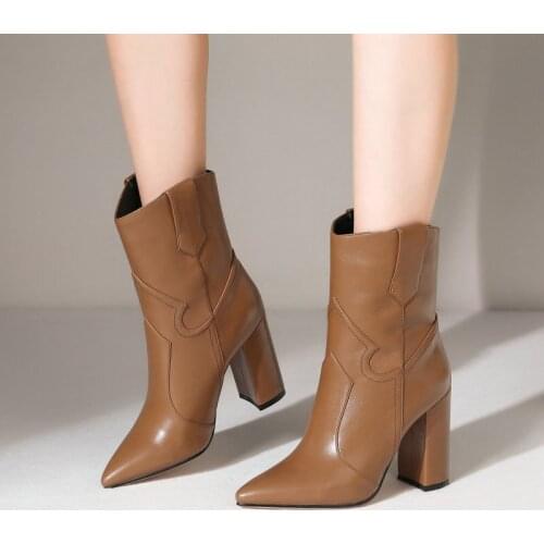 2021 Ladies Fashion Mid Calf Boots Spring Autumn Slip On Loose Short Boots Female Winter Warm Square High Heel Womens Shoes