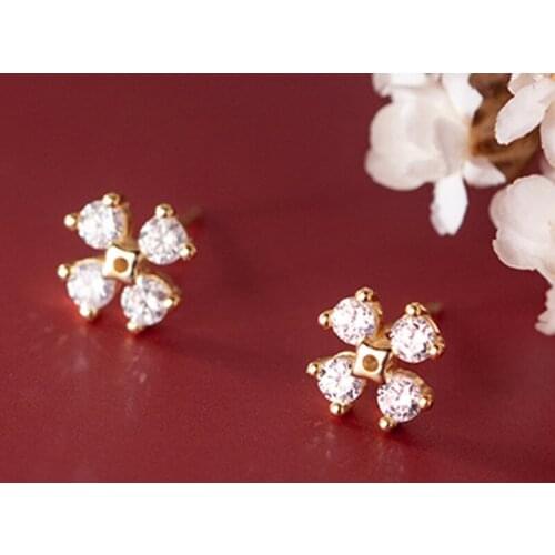 Korea Sweet Zircon Flower Jewelry Girl Women Ear Stud 925 Sterling Silver Small Shiny Crystal Earrings Bridal Wedding Gift