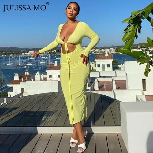 JULISSA MO Fashion Long Sleeve Slim Midi Bodycon Dresses Women Autumn Sexy Deep V-neck Lace up Party Dress Femme Elegant Vestido