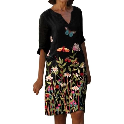 Womens Fashion Plus Size Medium Length Printed Vestidos Long-sleeved V-neck Dress A-line Oversized Loose Temperament Sukienka