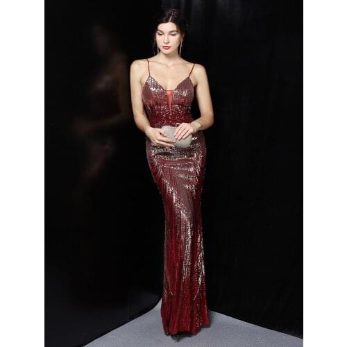 2021 New Sexy V-neck Green Sequin Evening Dress Strap Women Party Dress