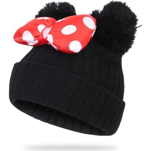 Winter Childrens Skullies Beanies hat Minnie Bowknot Knitted hat baby boys and girls Beanie warm Cartoon Double Pompom Cap Z109