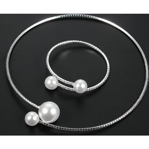 2PCS/Set European Simulated Pearl Chokers Necklace Bangle Adjustable Jewelry Set For Women Bridal Wedding Party Accessories