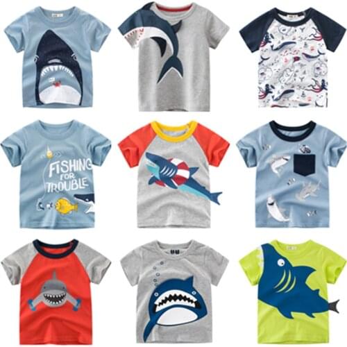 2021 New Summer Boy Cartoon Shark Tshirt Cotton Children T Shirt Child Toddler Short Sleeve Baby Girl Clothes Kid Costumes 2-8Y