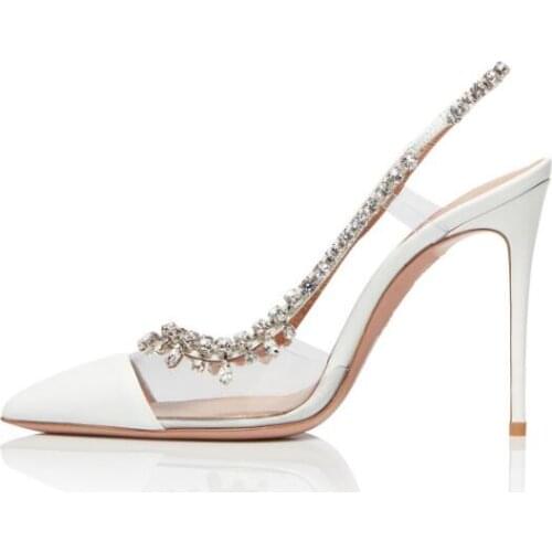 White Nude Sliver Bling Crystal Wedding Shoes Bride PVC Rhinestone Patchwork Pointed Toe Slingback Glitter Heels Dress Pumps