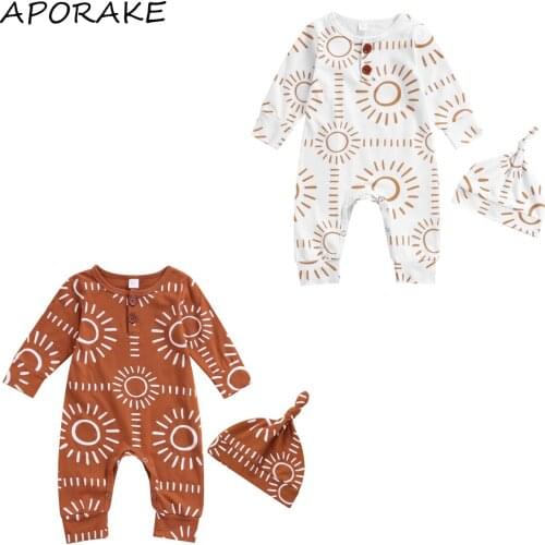 2021 0-24M Baby Casual Jumpsuit with Hat Fashion Sun Printing Long Sleeve Long Pants Spring Fall Boys Girls Cotton Outfit Romper