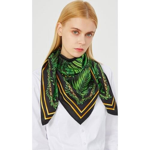 90cm Square Scarf Luxury Twill Silk Hijab Scarves Brand Women Head Scarf Handmade Curled Leaves Design Foulard Bandana Ladies