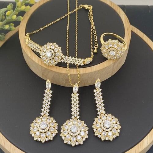 Lanyika Fashion Jewelry Set Luxury Blooming Flower Zirconia Necklace with Earring Bracelet and Ring for Woman Wedding Party Gift
