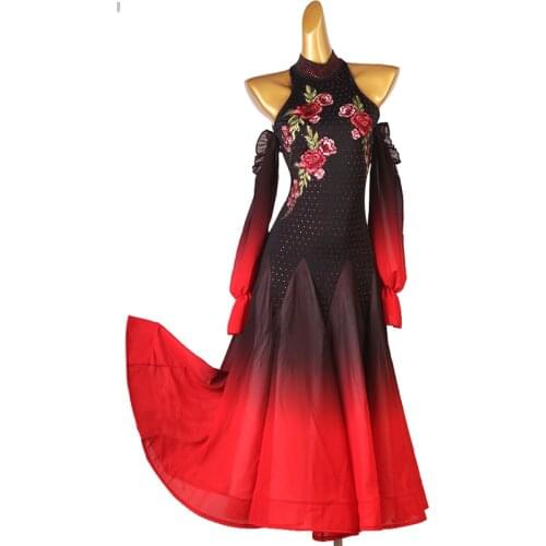 Ballroom Dance Competition Dresses Women Waltz Dress Standard Dancing Wear Costume Customize Mesh Sleeve Applique Big Hem