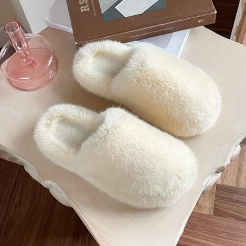 2021 Fashion Women Shoe Winter Fluffy Slippers Closed Toe Indoor Floor ShoesSolid Color Warm Plush House Slides Soft Bottom
