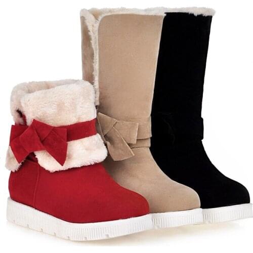 PQECFS Big size 33-43 high quality winter fashion women sweet bowtie slip-on mid-calf snow boots 3 colors