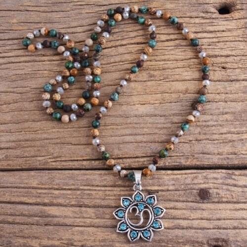 RH Fashion Bohemian Jewelry Accessory 6mm Stones/Crystal Knotted With Metal OM Crystal Pendant Necklaces Women Boho NK Dropship