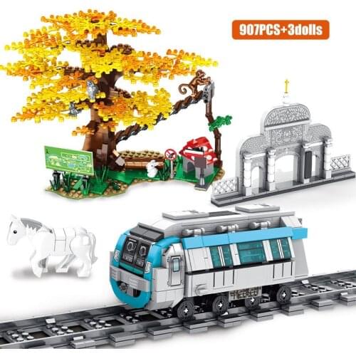SEMBO City Street View Beijing-Hong Kong Metro Line 4 Zoo Station Tree Horse Model Building Blocks Architecture Bricks Kids Toys